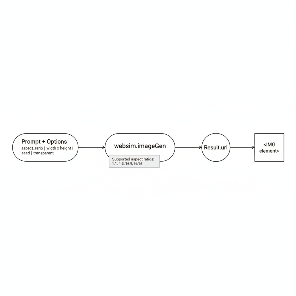 Pipeline diagram from prompt and options (aspect ratio, size, seed, transparency) to generated image URL.