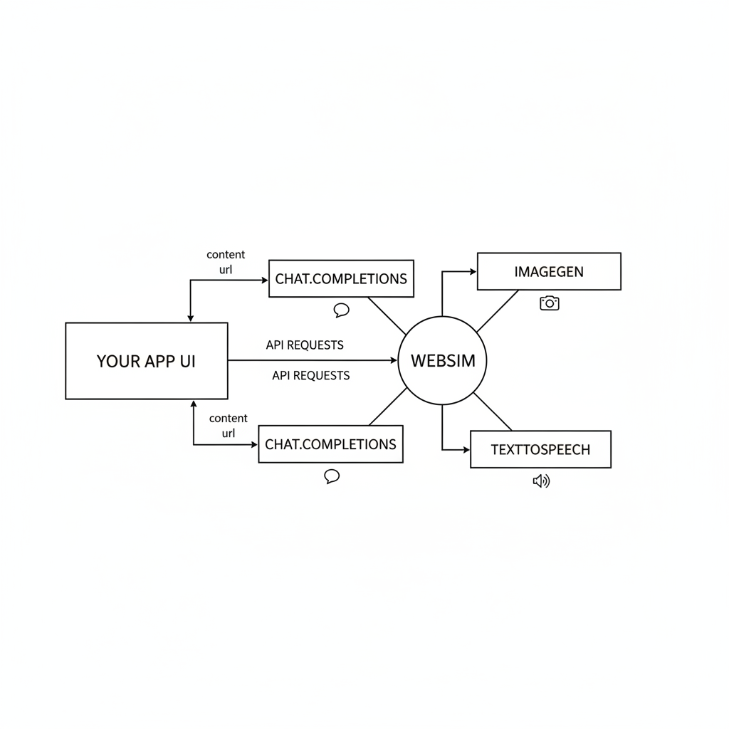 Diagram showing the websim object and its main capabilities: Chat, Image Generation, and Text to Speech.